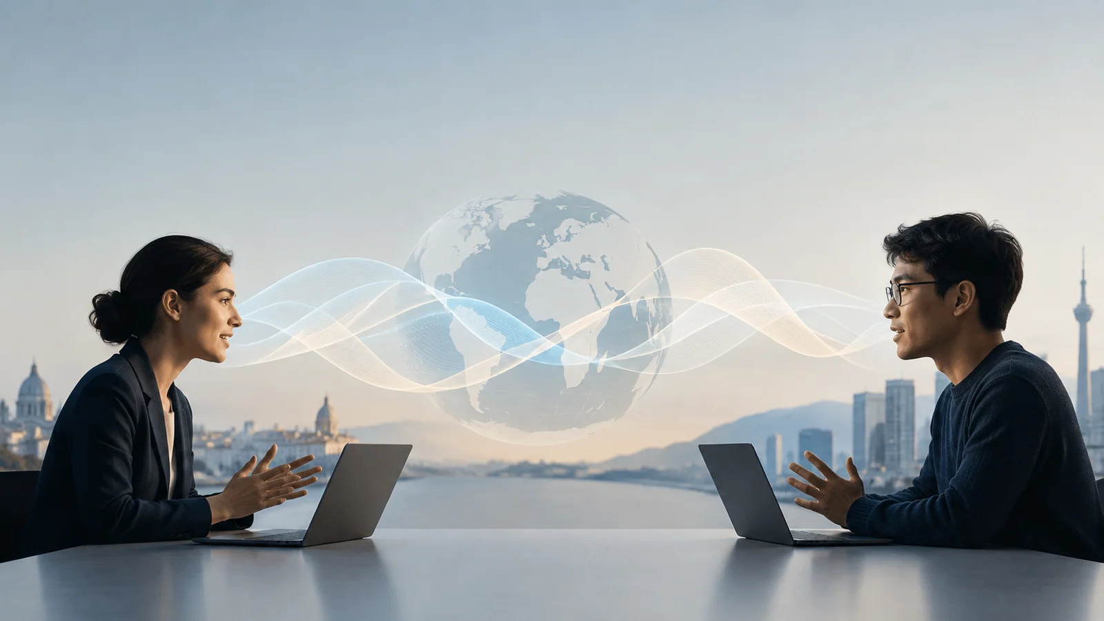 Two professionals communicating through a multilingual voice connection
